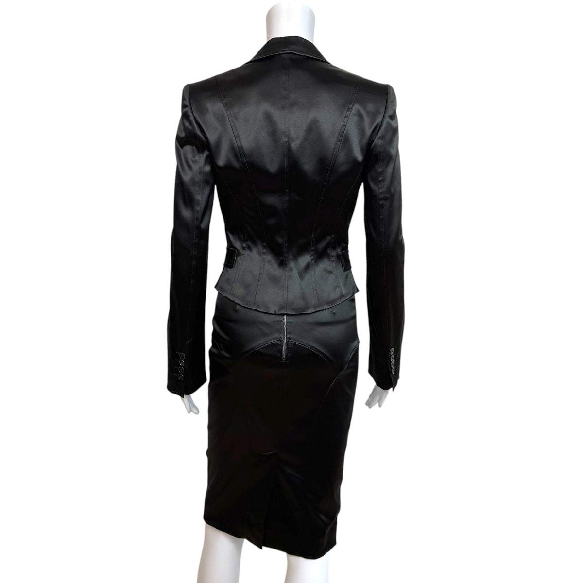 Dolce & Gabbana Black Satin Cropped Blazer Midi Skirt Suit