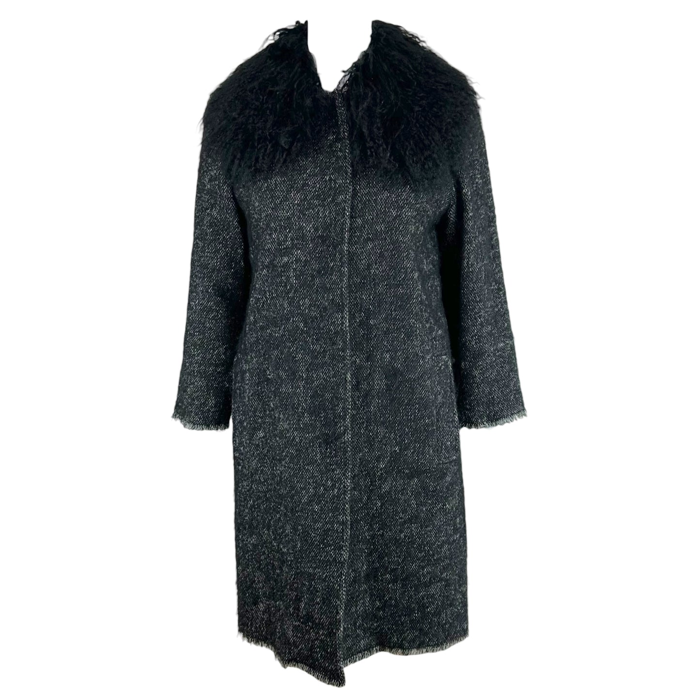 Dolce & Gabbana Black Tweed Coat Mongolian Lamb Fur Collar