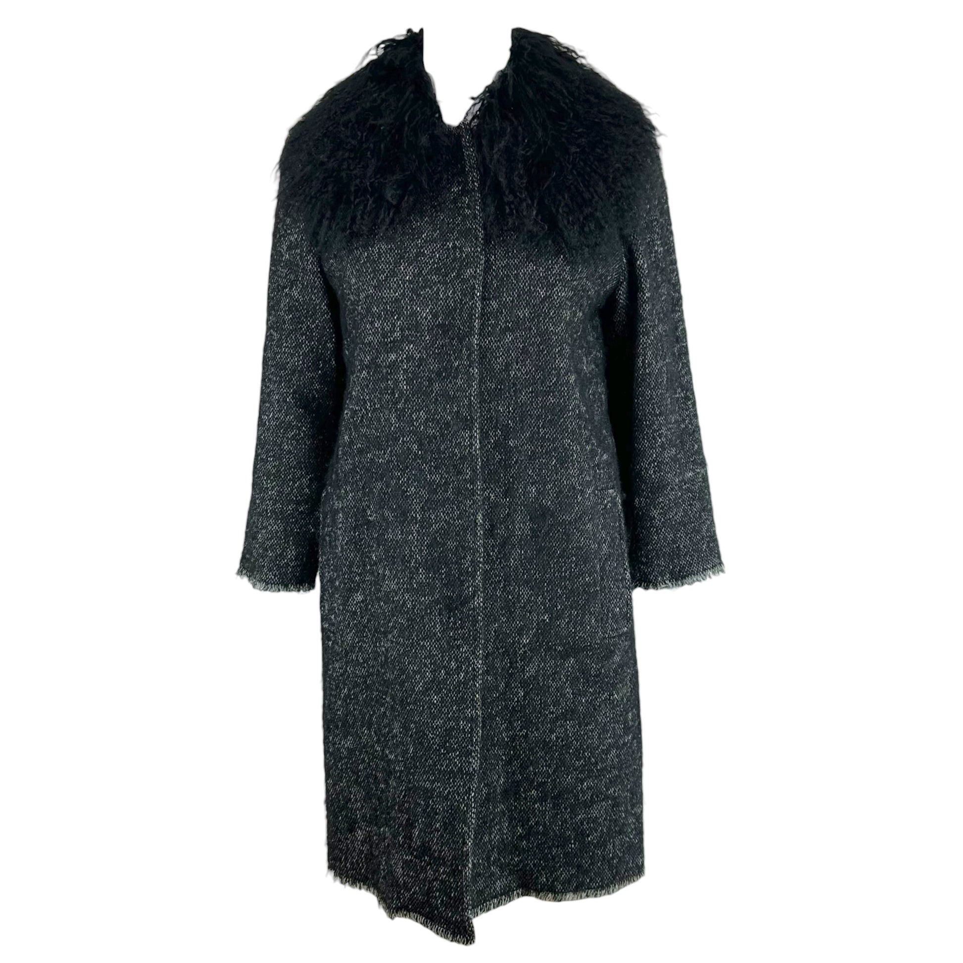 Dolce & Gabbana Black Tweed Coat Mongolian Lamb Fur Collar