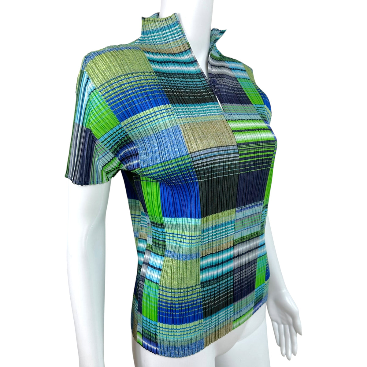 Issey Miyake Pleats Please Blue Green Multicolor Striped Gradient Print Pleated Short Sleeve Blouse Sz 4