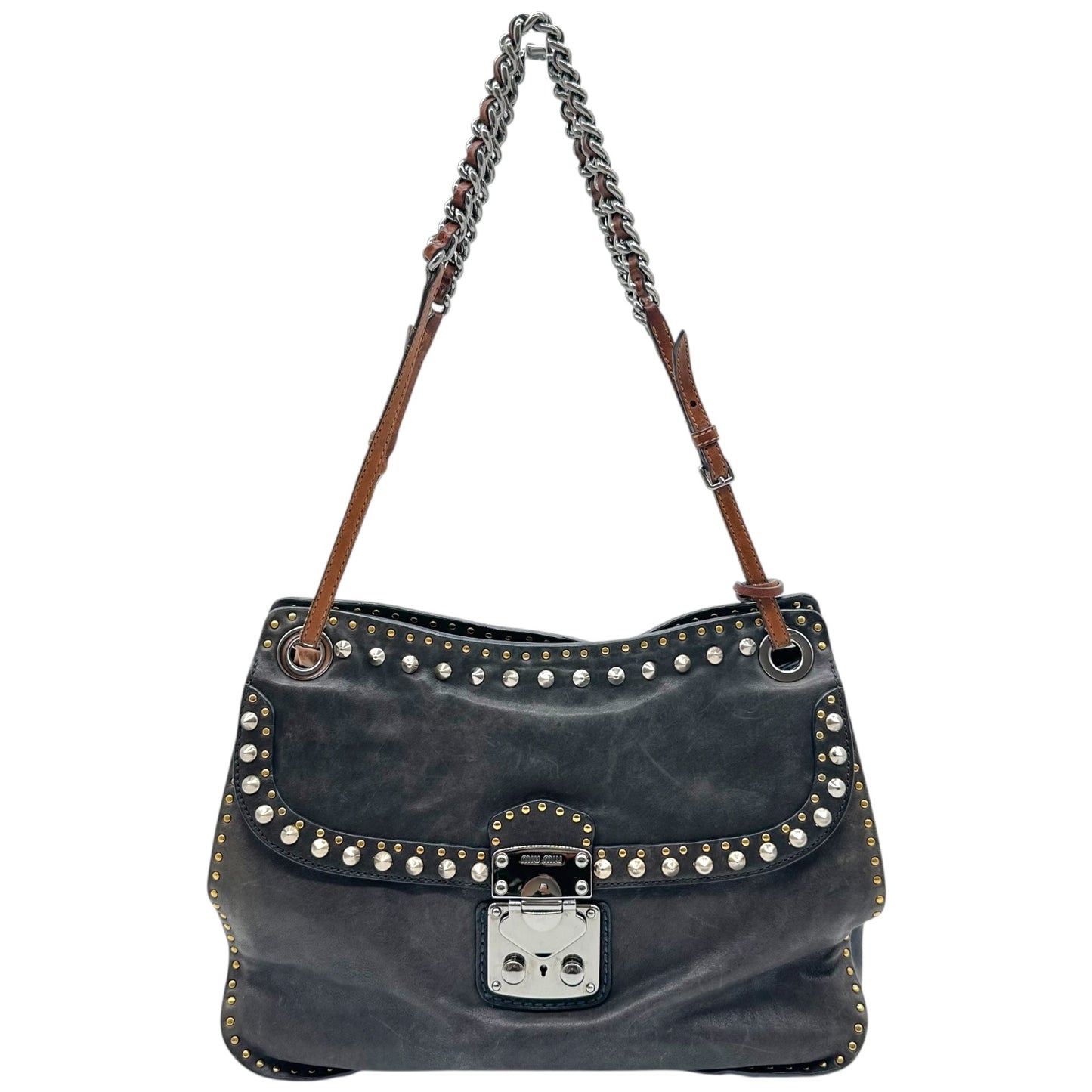 Miu Miu Gray & Brown Studded Leather Hobo Bag