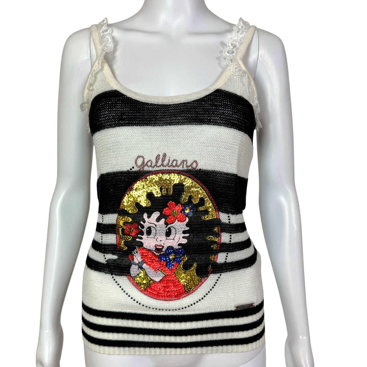Galliano Striped Knit Cami Black White Sequin Doll Face