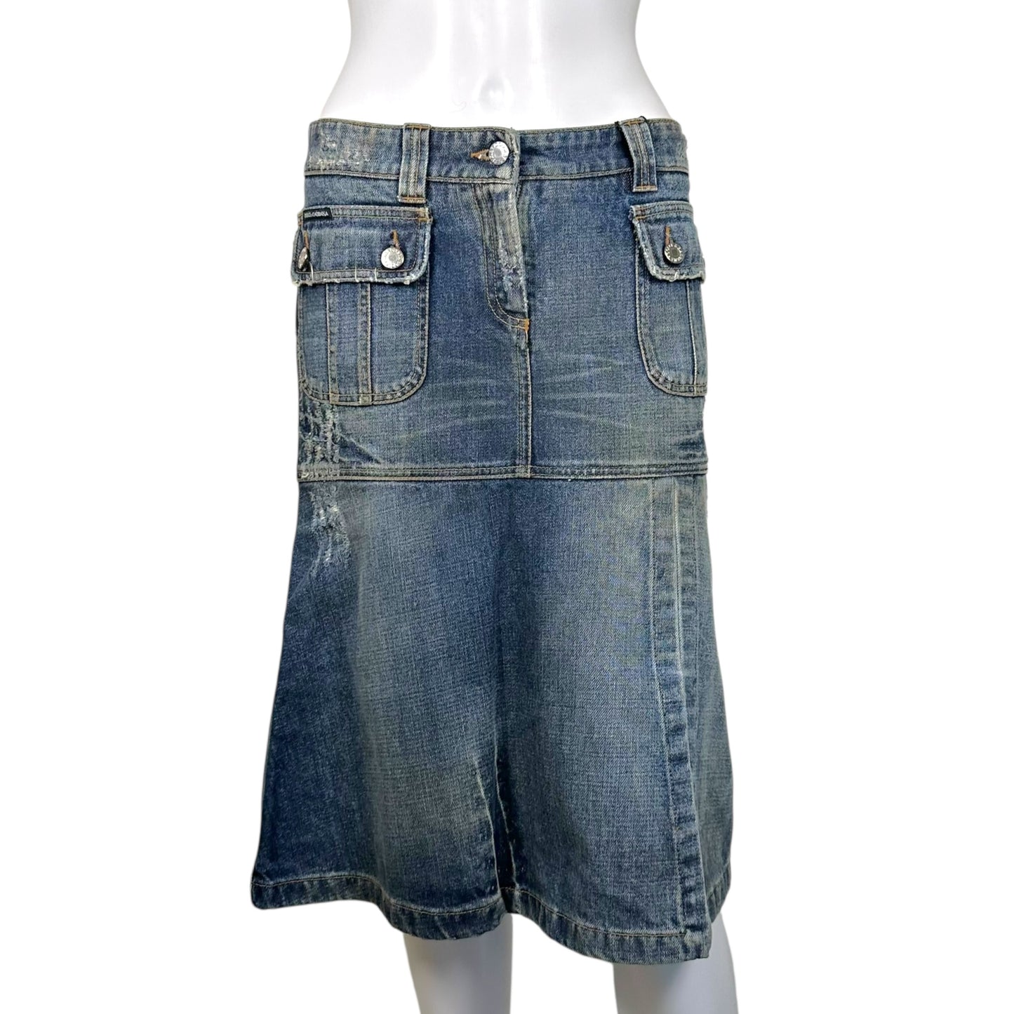 D&G Dolce & Gabbana Denim Logo Patch Midi Skirt NEW