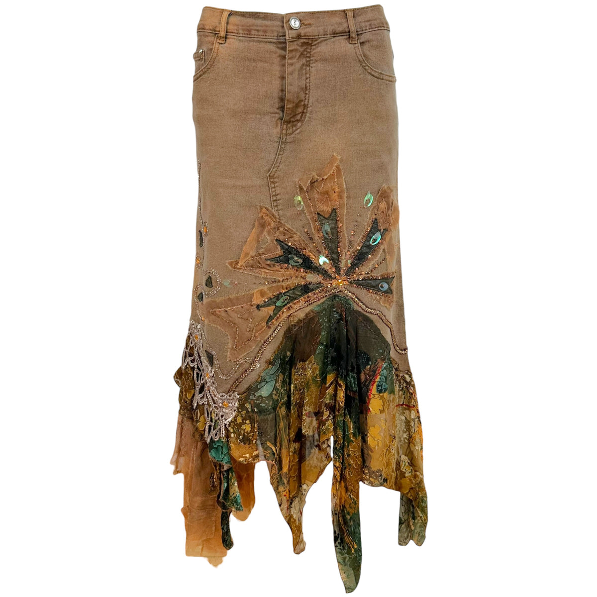 Vintage Brown Silk Denim Sequin Midi Skirt