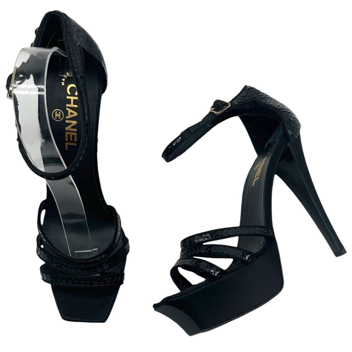 Chanel Black Strappy Sequin Platform Heeled Sandals