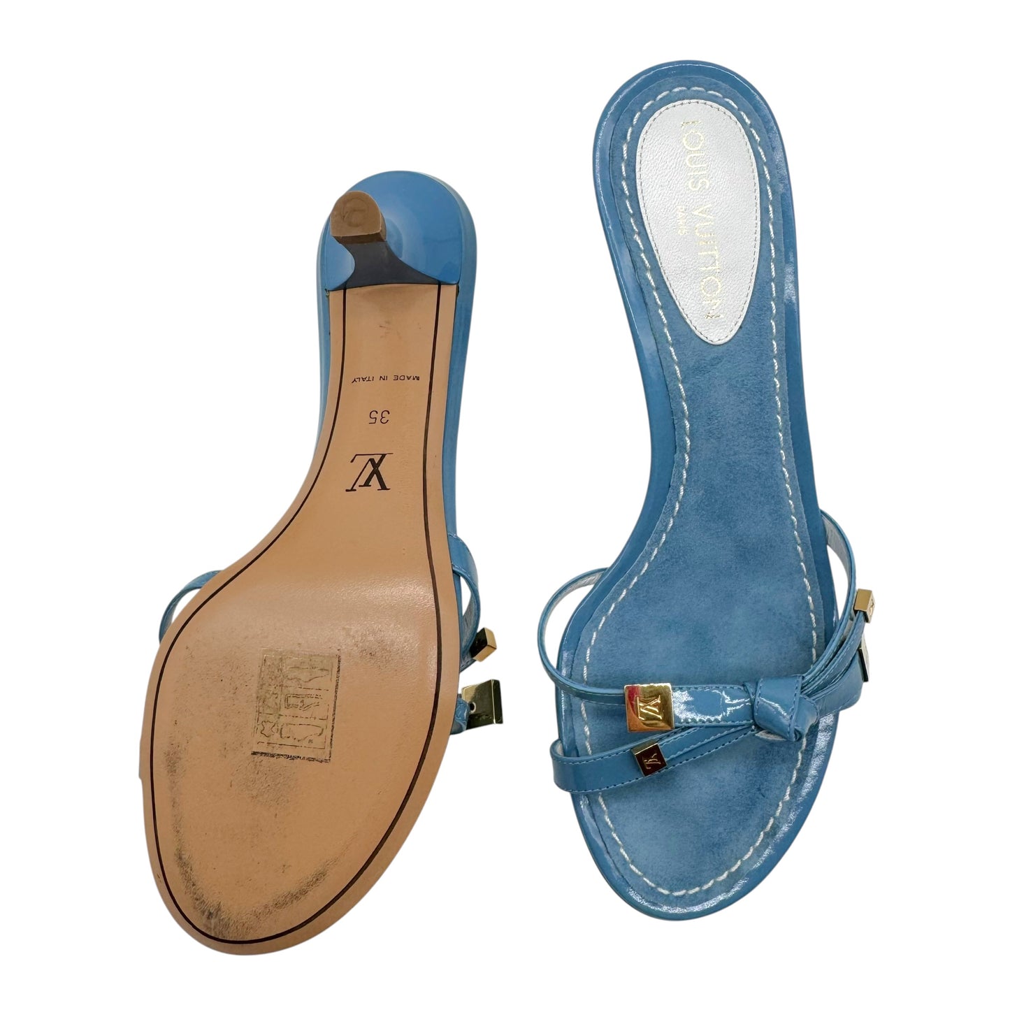 Louis Vuitton Blue Gold Logo Bow Mule Kitten Heels