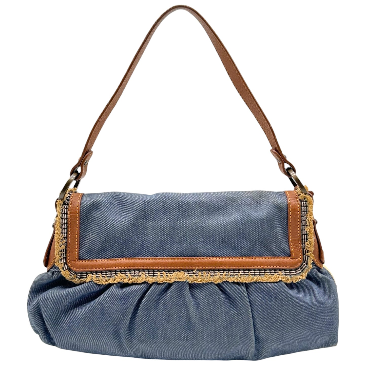 Fendi Chef Shoulder Bag Blue Denim Brown Leather