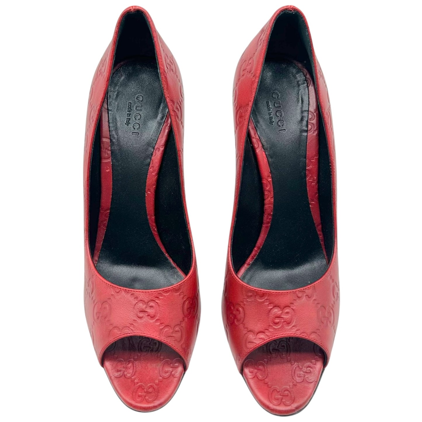 Gucci Red Guccissima Embossed Monogram Peep Toe Pumps