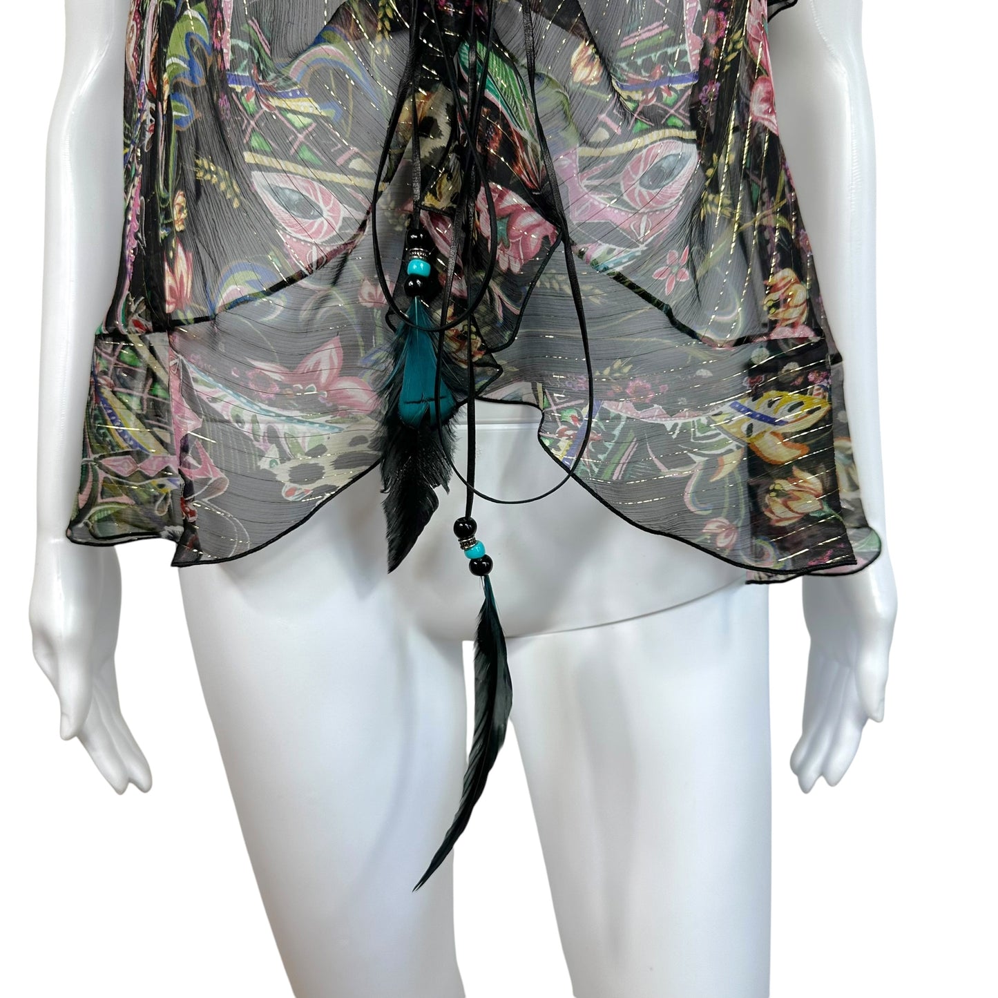 Roberto Cavalli Sheer Metallic Polka Dot & Floral Silk Blouse w/ Feather Ties