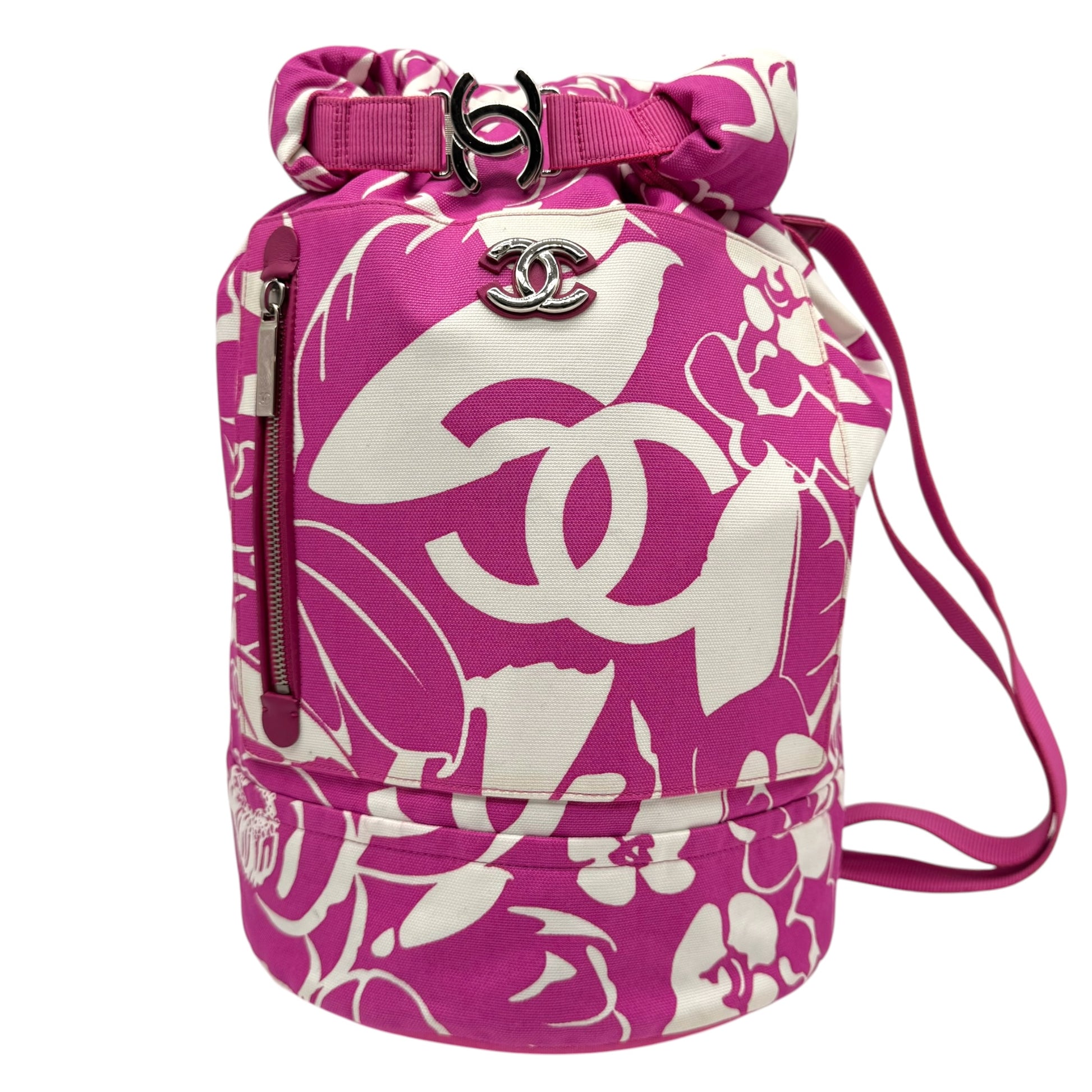Chanel One Shoulder Floral Print Backpack Pink White