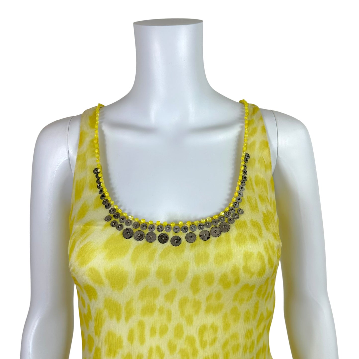 Blumarine Yellow Leopard Print Silk Midi Dress
