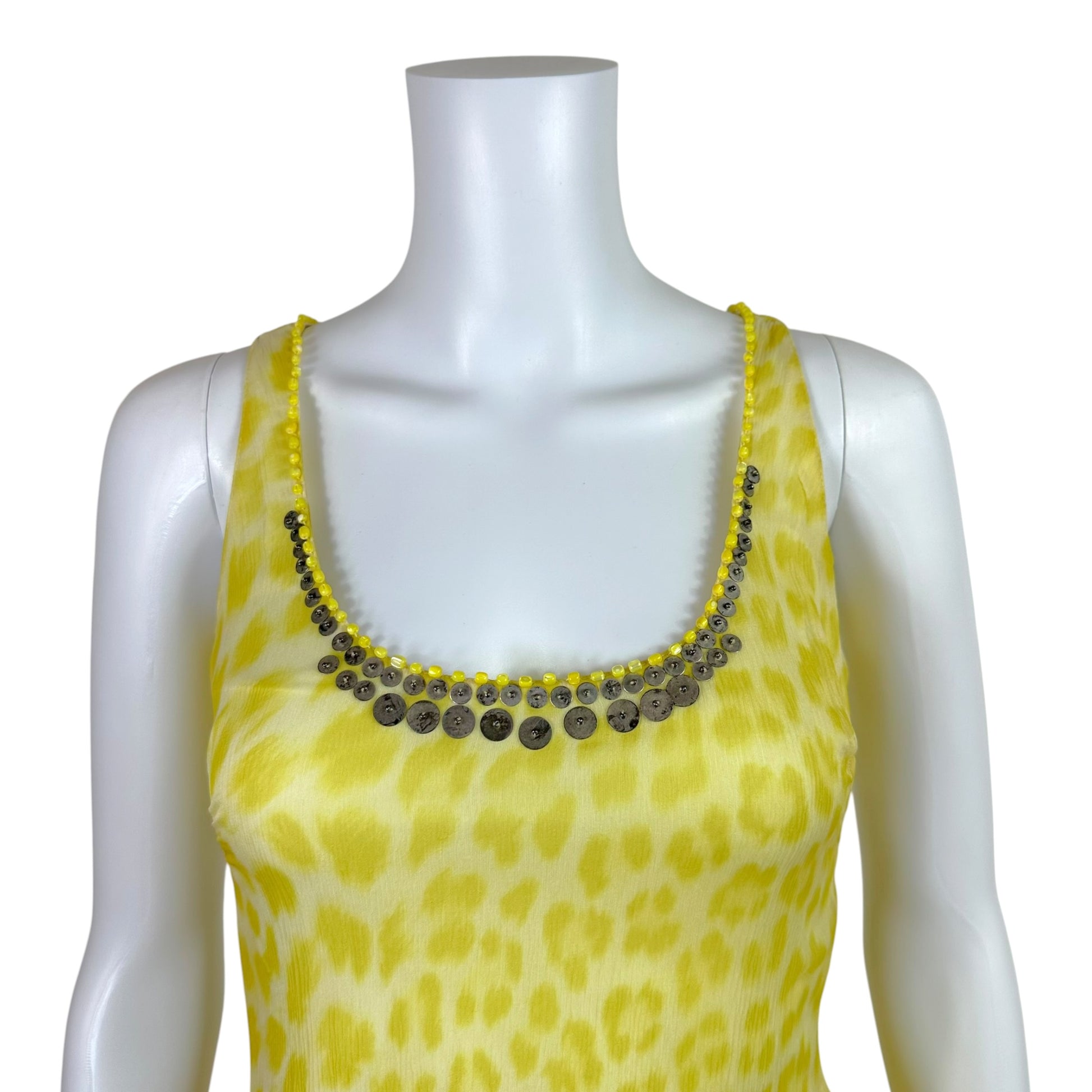 Blumarine Yellow Leopard Print Silk Midi Dress