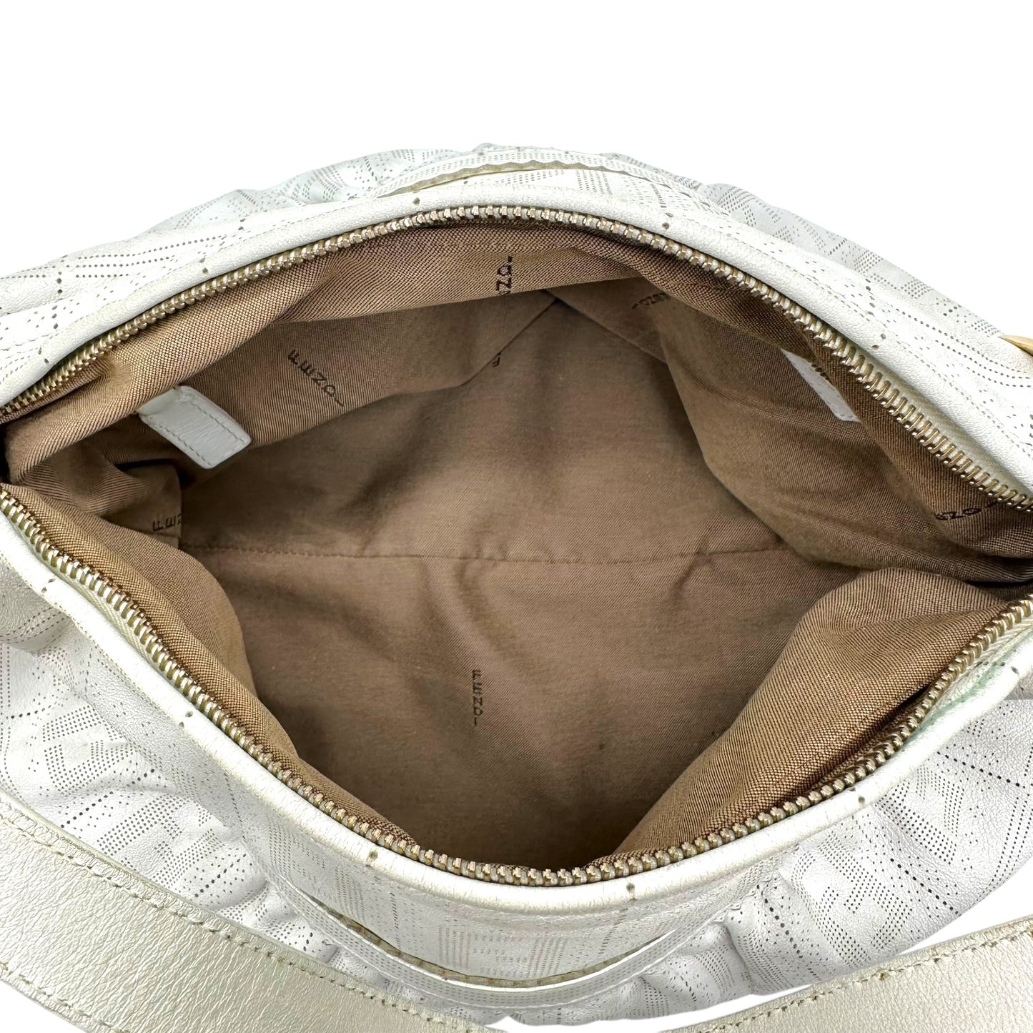 Fendi White Perforated Leather  Zucca Monogram Medium Chef Bag - Outfit Repeater