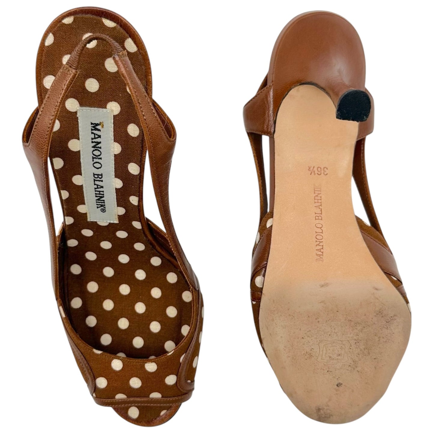 Manolo Blahnik Brown & White Polka Dot Sling-Back Heeled Sandals