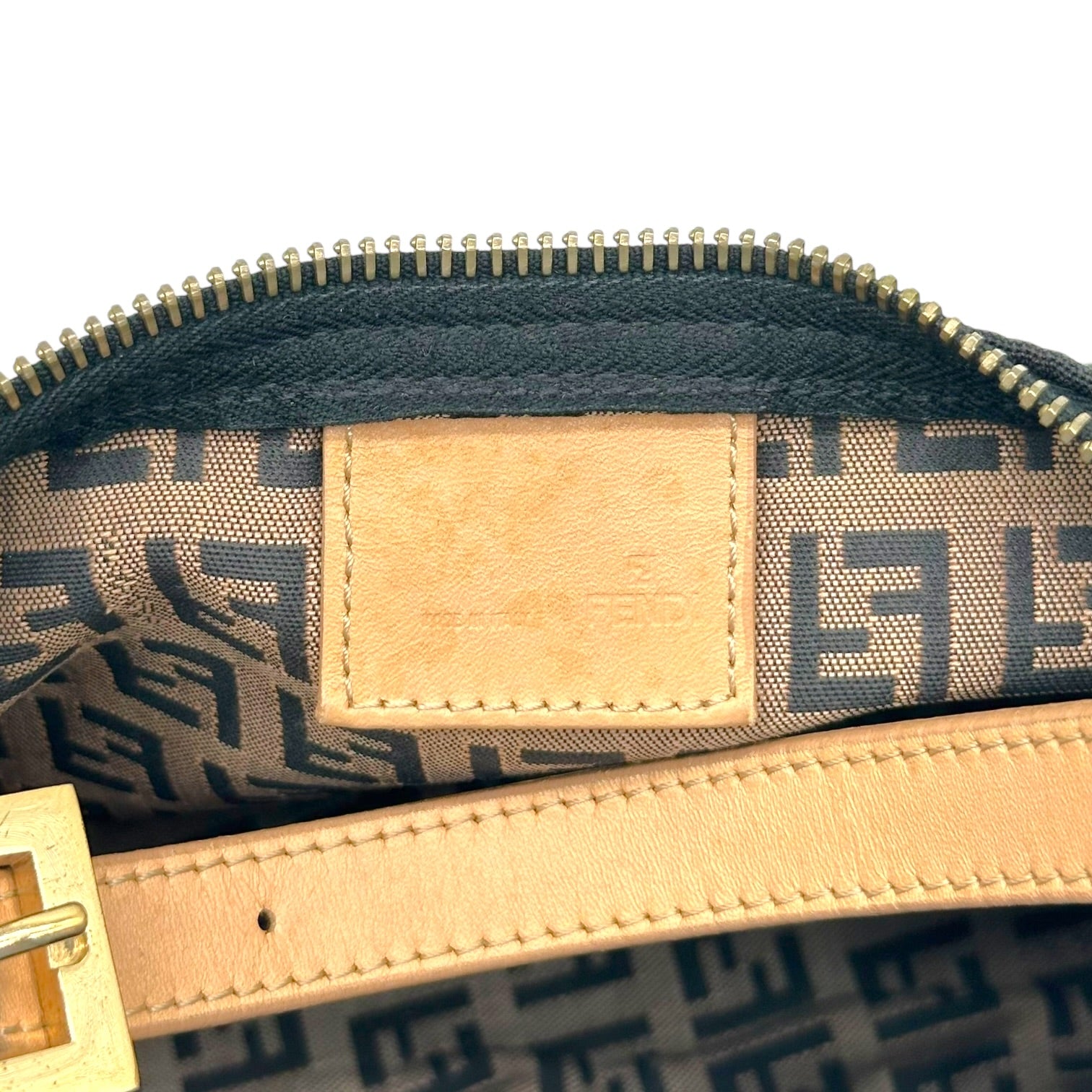 Fendi Black Zucchino Monogram Tan Leather Pochette Bag