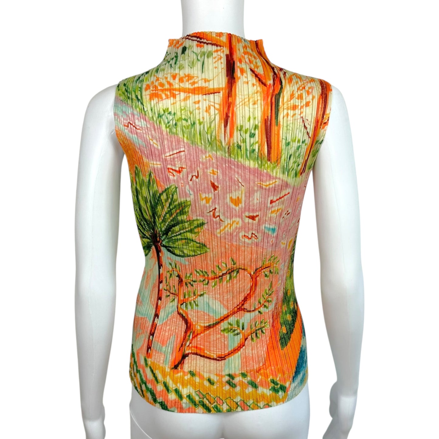 Issey Miyake Pleats Please Multicolor Abstract Landscape Print Pleated Mock Neck Tank