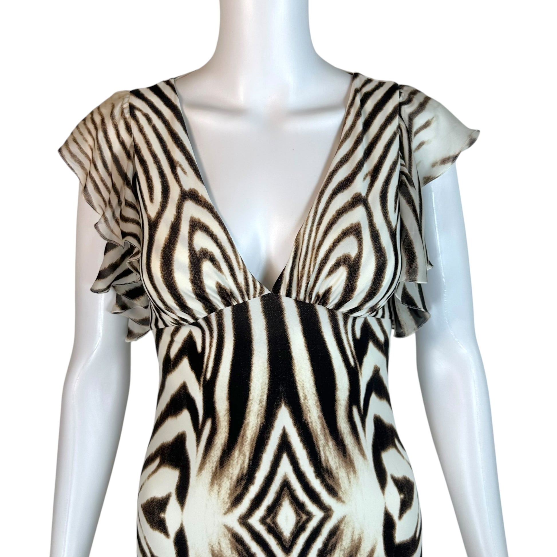 Roberto Cavalli Mini Dress White Brown Zebra Print Ruffle