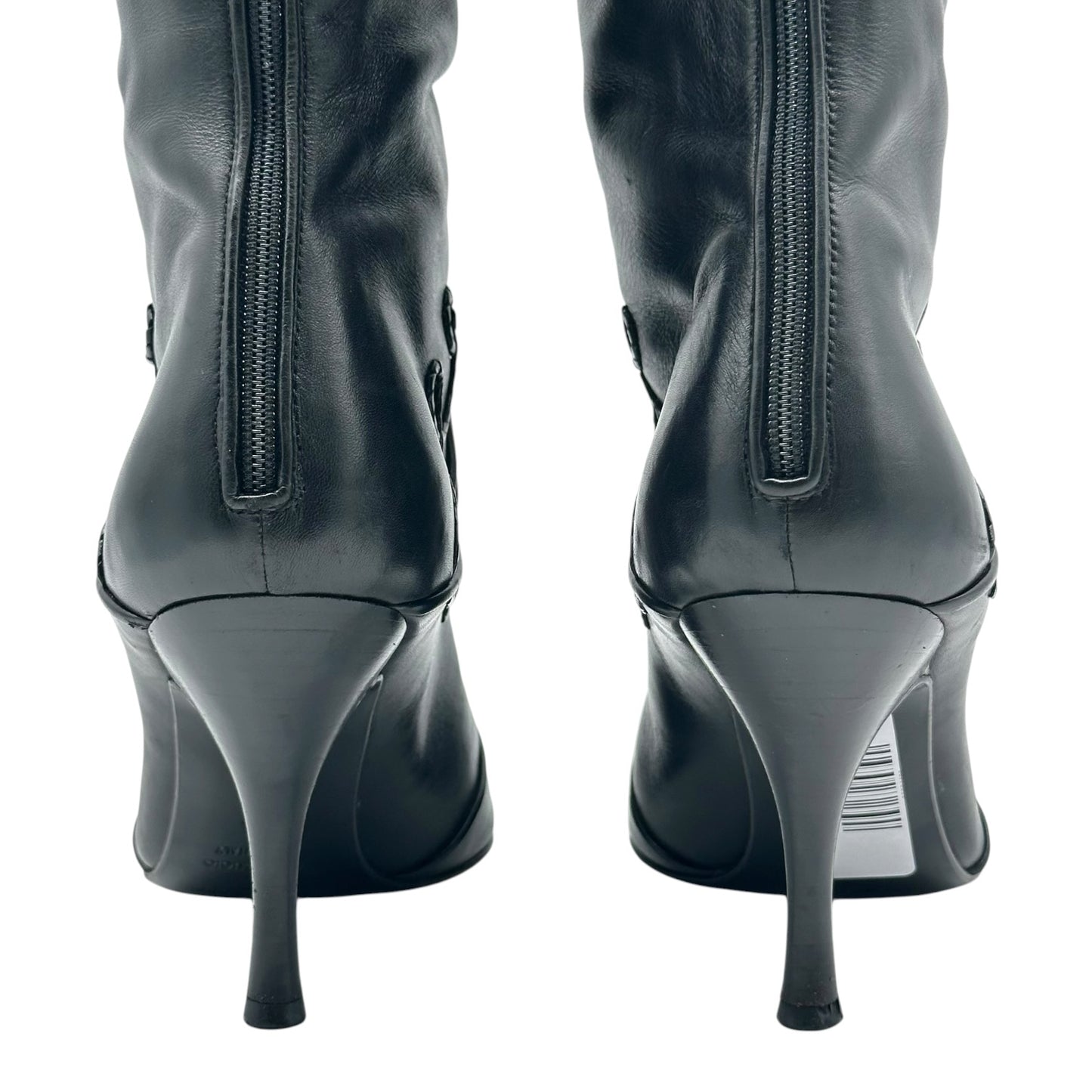 Sergio Rossi Black Braided Leather Embellished Heeled Boots