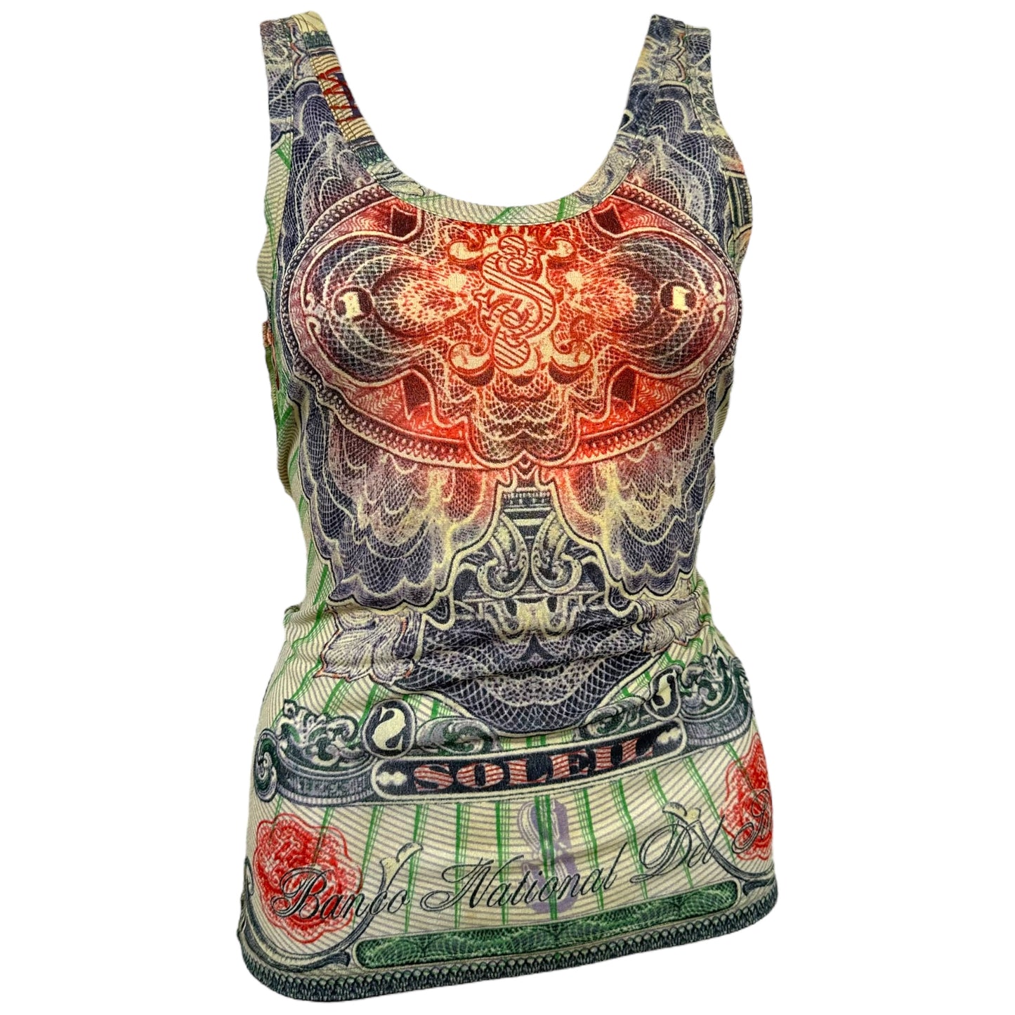 Jean Paul Gaultier Soleil Multicolor Currency Print Mesh Tank