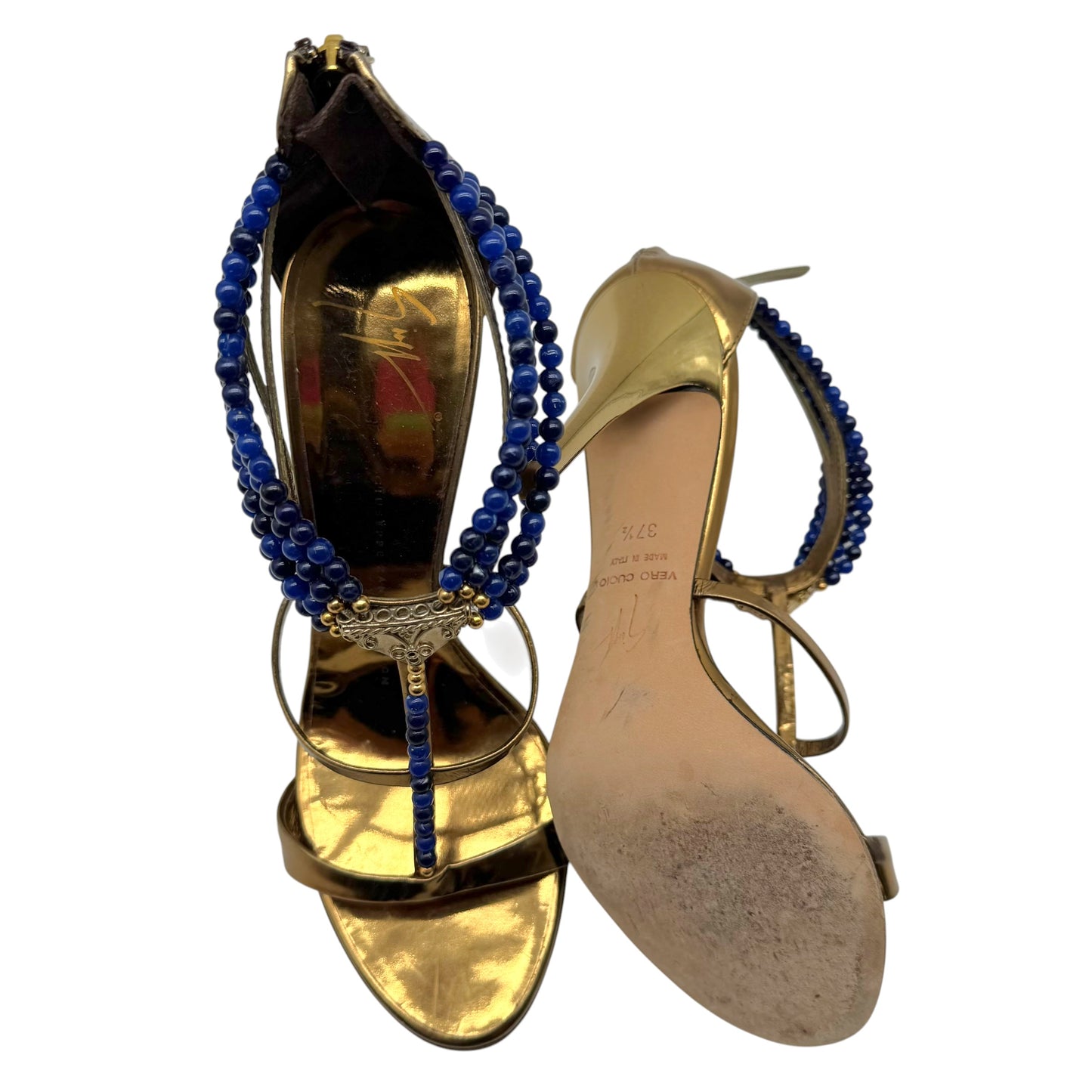 Giuseppe Zanotti Bronze Leather Blue Beaded Sandal Heels