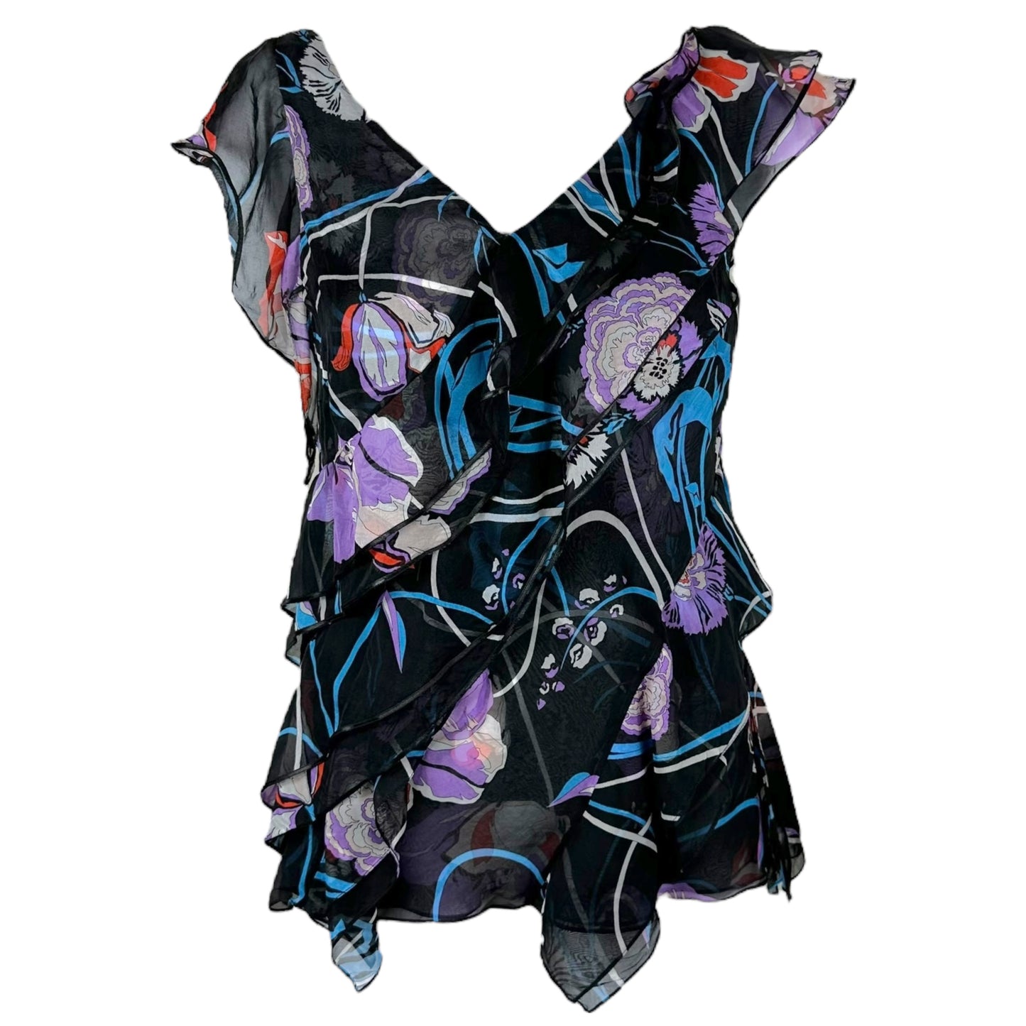 Emilio Pucci Black Floral Tiered Silk Blouse - Outfit Repeater