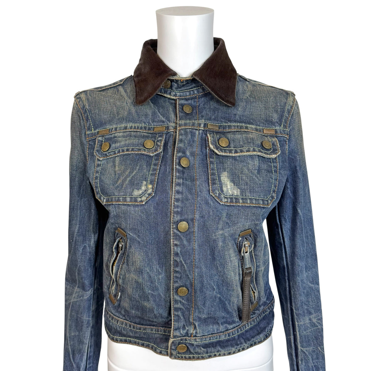 Dsquared2 Distressed Denim & Brown Ponyhair Collar Cropped Jacket
