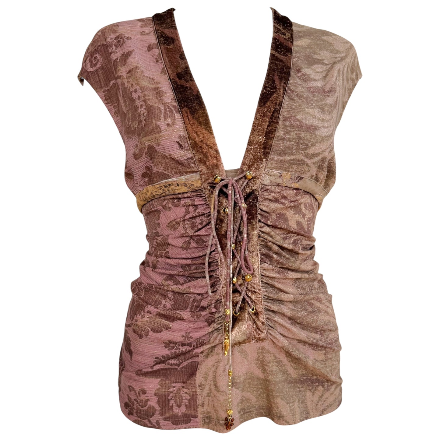 Roberto Cavalli 2005 Purple Metallic Damask Print Lace Up Sleeveless Top NEW