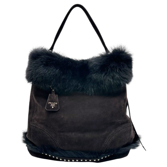 Prada Black Shearling & Fur Studded Hobo Bag