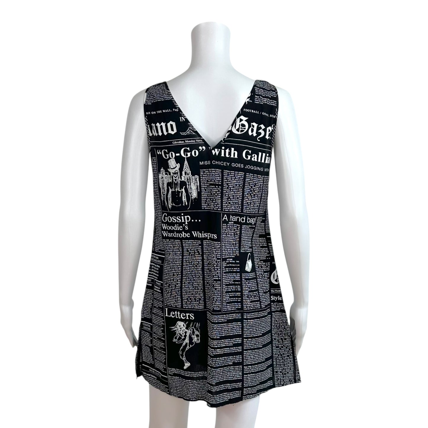 John Galliano Mini Shift Dress Black White Gazette Print