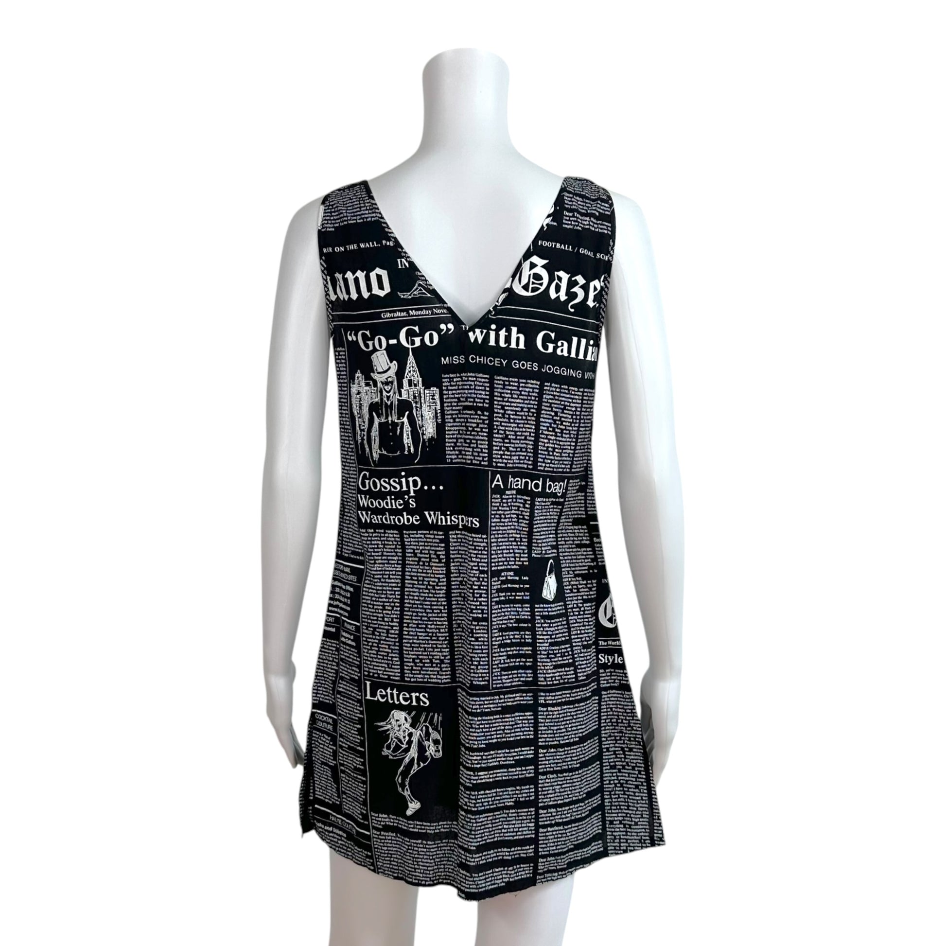 John Galliano Mini Shift Dress Black White Gazette Print