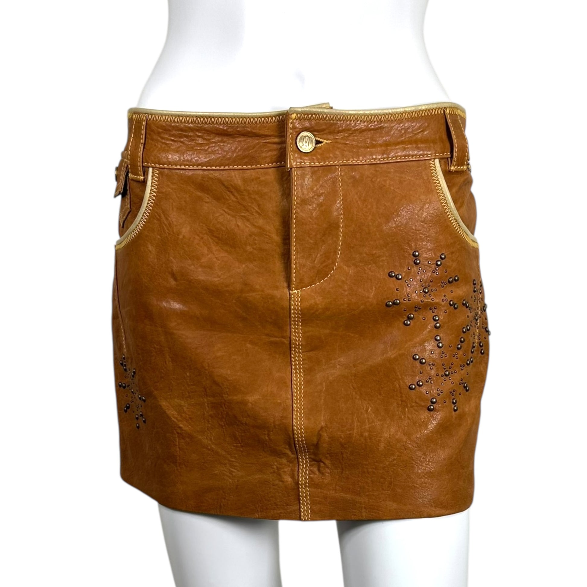 Galliano Tan Leather Studded Mini Skirt