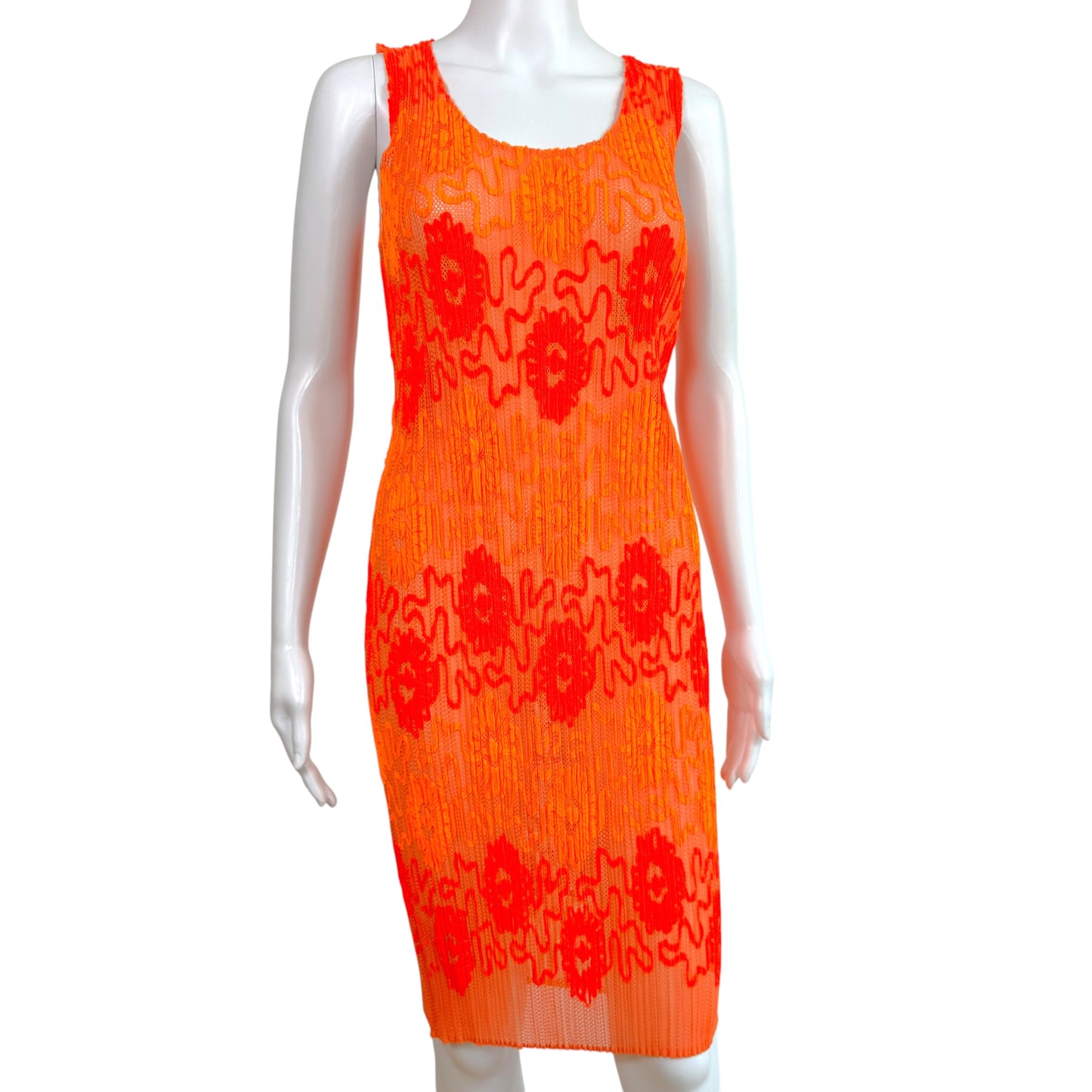 Issey Miyake Pleats Please Neon Orange Mesh & Floral Applique Pleated Sleeveless Midi Dress Sz 3