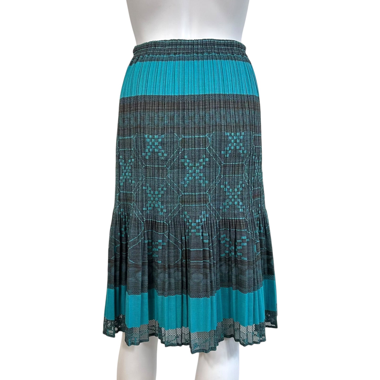 Issey Miyake Pleats Please Turquoise & Brown Tribal Print Pleated Midi Skirt