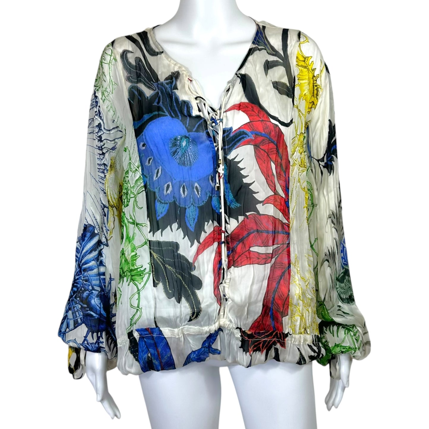 Roberto Cavalli Primary Color Floral Printed Sheer Silk Lace-Up Blouse
