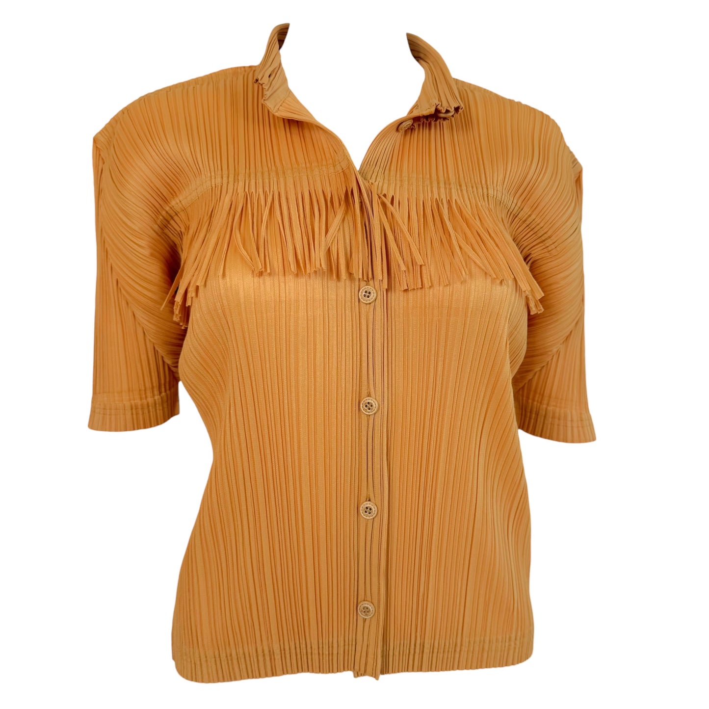 Issey Miyake Pleats Please Gold Fringe Short Sleeve Blouse