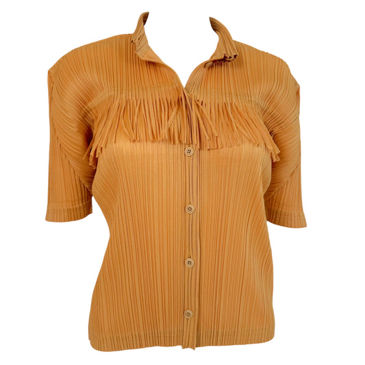 Issey Miyake Pleats Please Gold Fringe Short Sleeve Blouse
