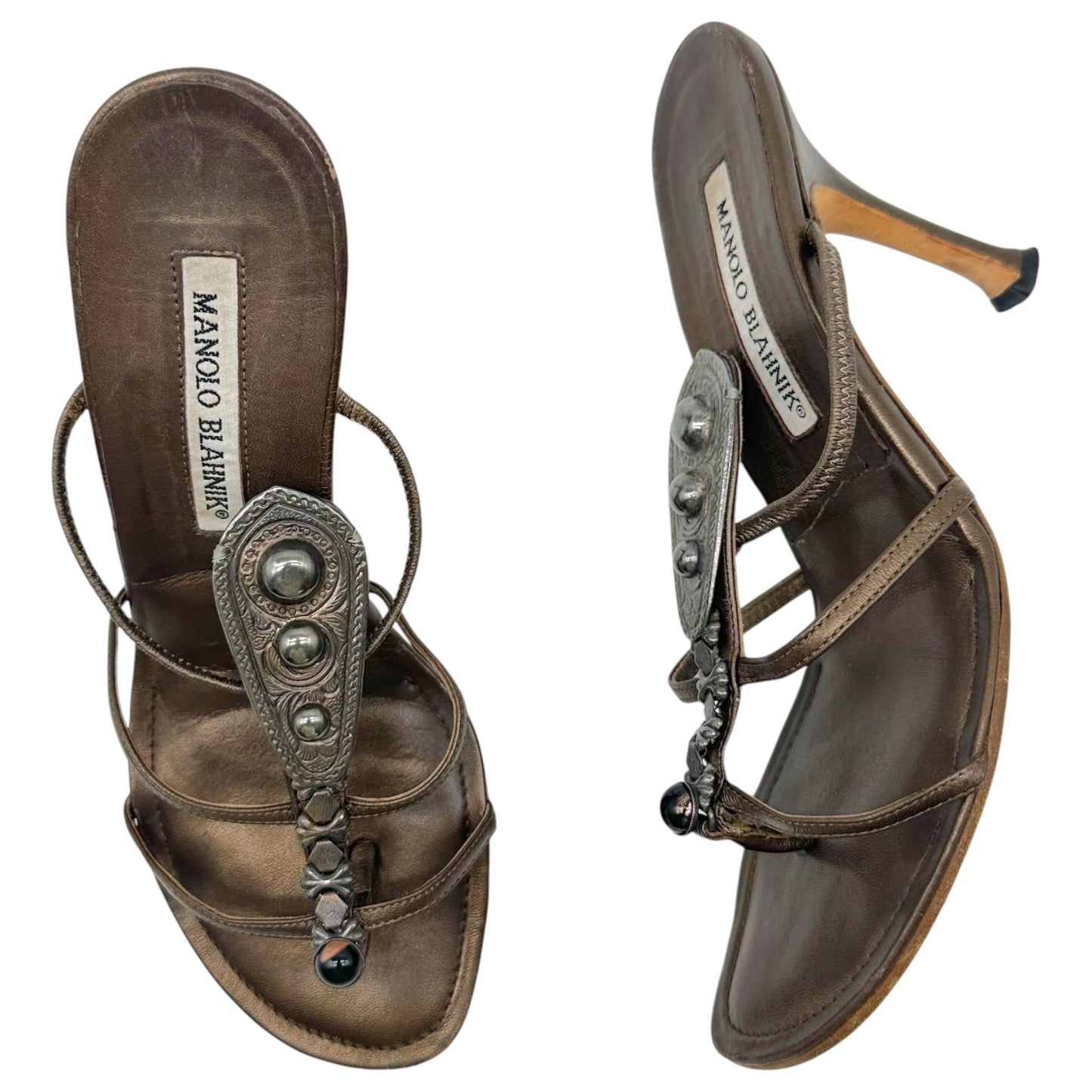 Manolo Blahnik Bronze Studded Metal Sandal Heels