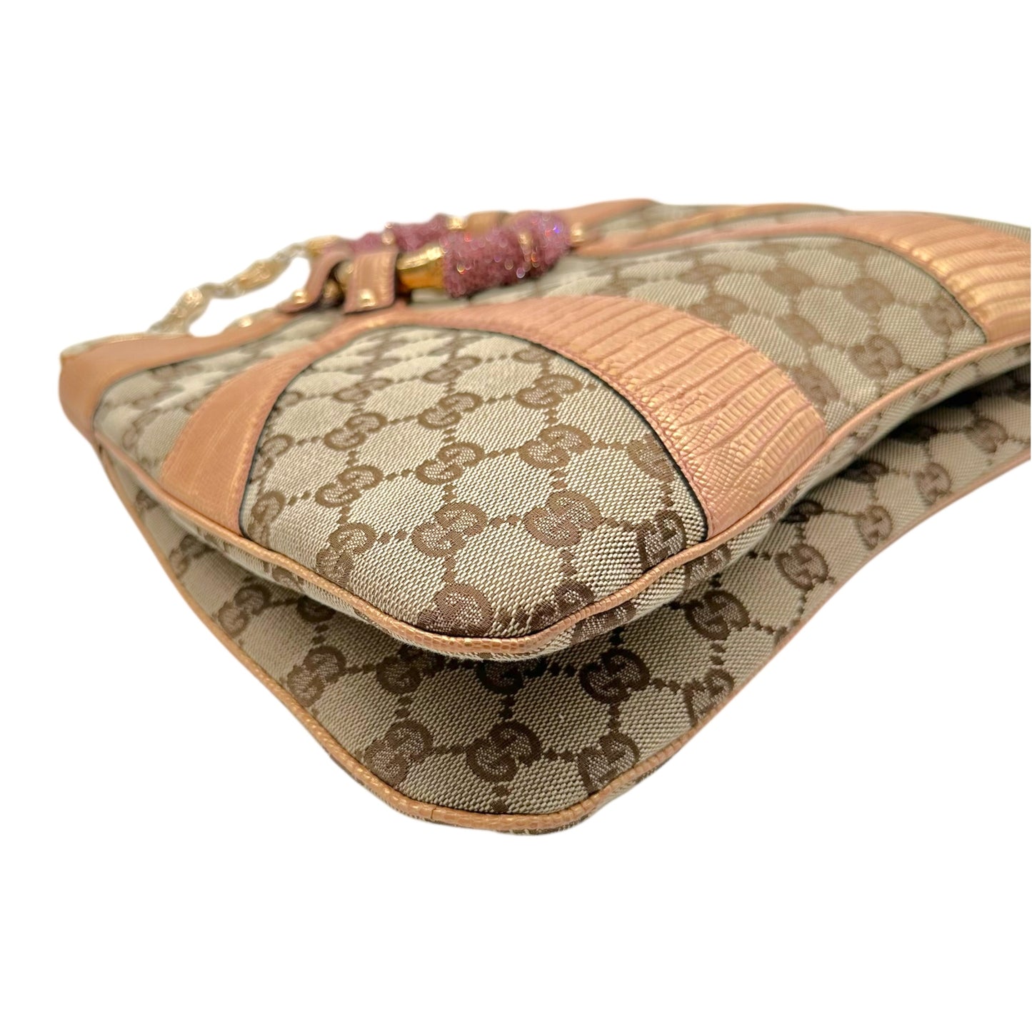 Gucci by Tom Ford S/S 2004 Tan Monogram & Pink Lizard Skin Crystal Bamboo Shoulder Bag