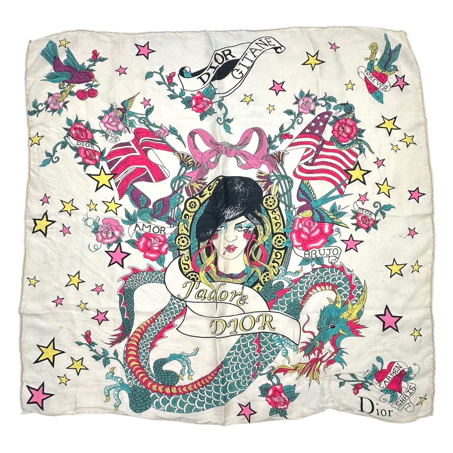 Christian Dior Tattoo Print Square Silk Scarf