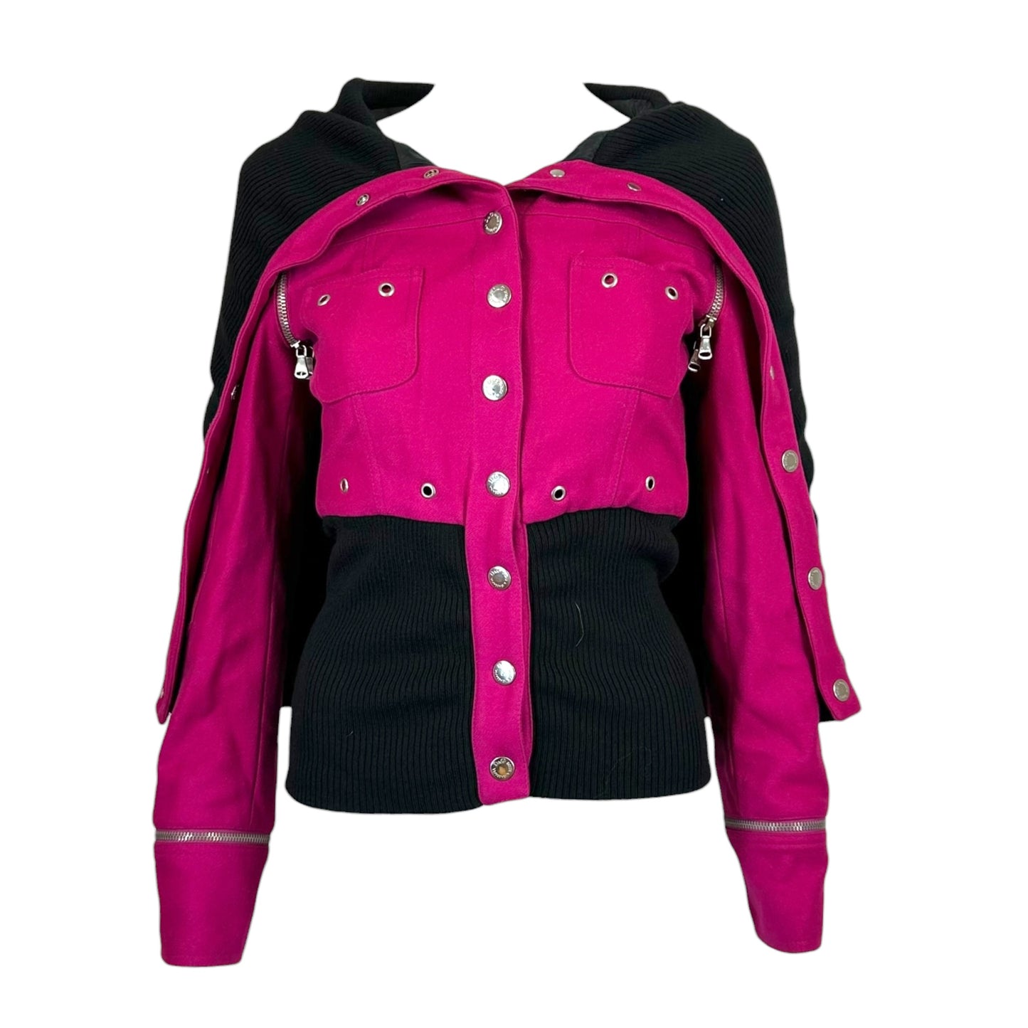 D&G Dolce & Gabbana Bright Pink & Black Oversized Collar Wool Bomber Jacket