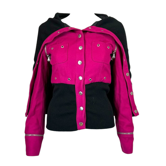 D&G Dolce & Gabbana Bright Pink & Black Oversized Collar Wool Bomber Jacket