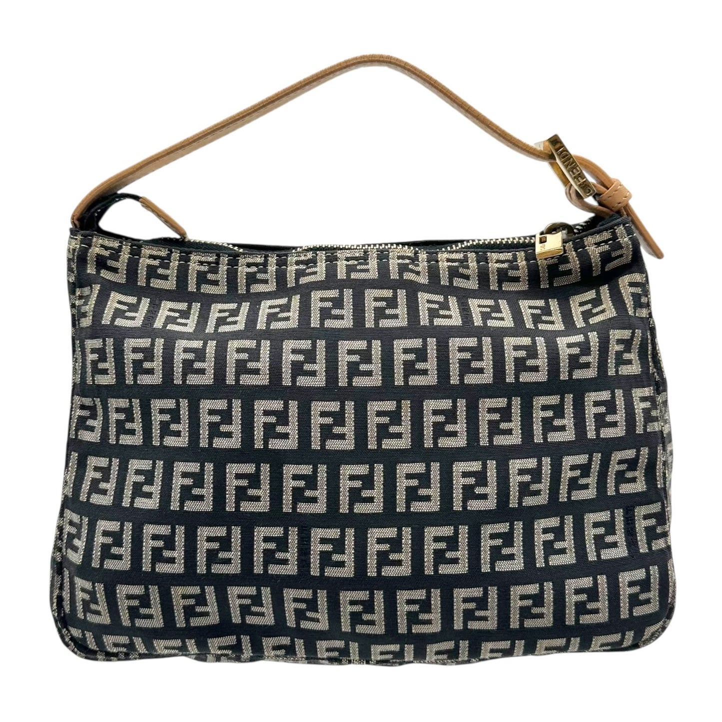 Fendi Black Zucchino Monogram Tan Leather Pochette Bag