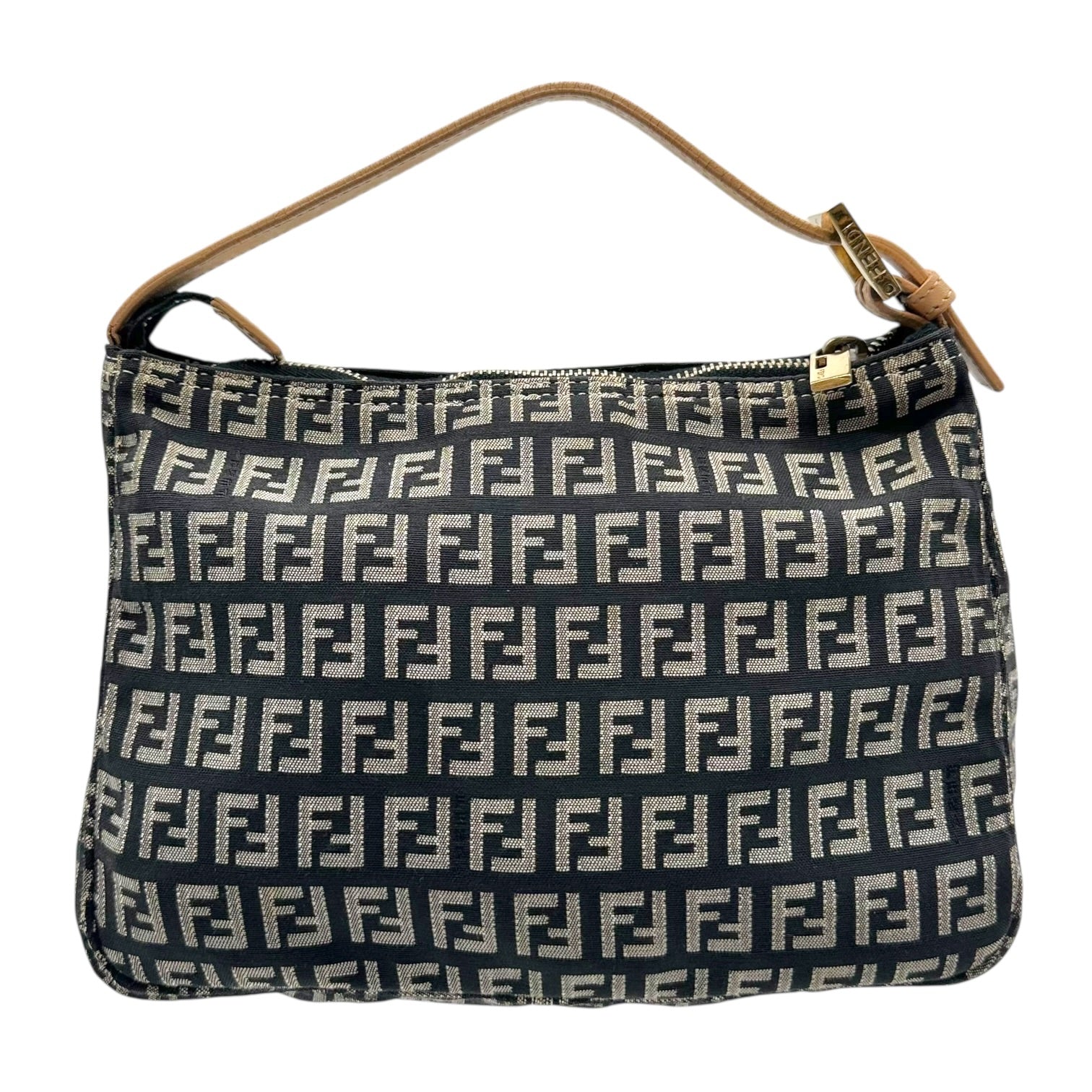 Fendi Black Zucchino Monogram Tan Leather Pochette Bag