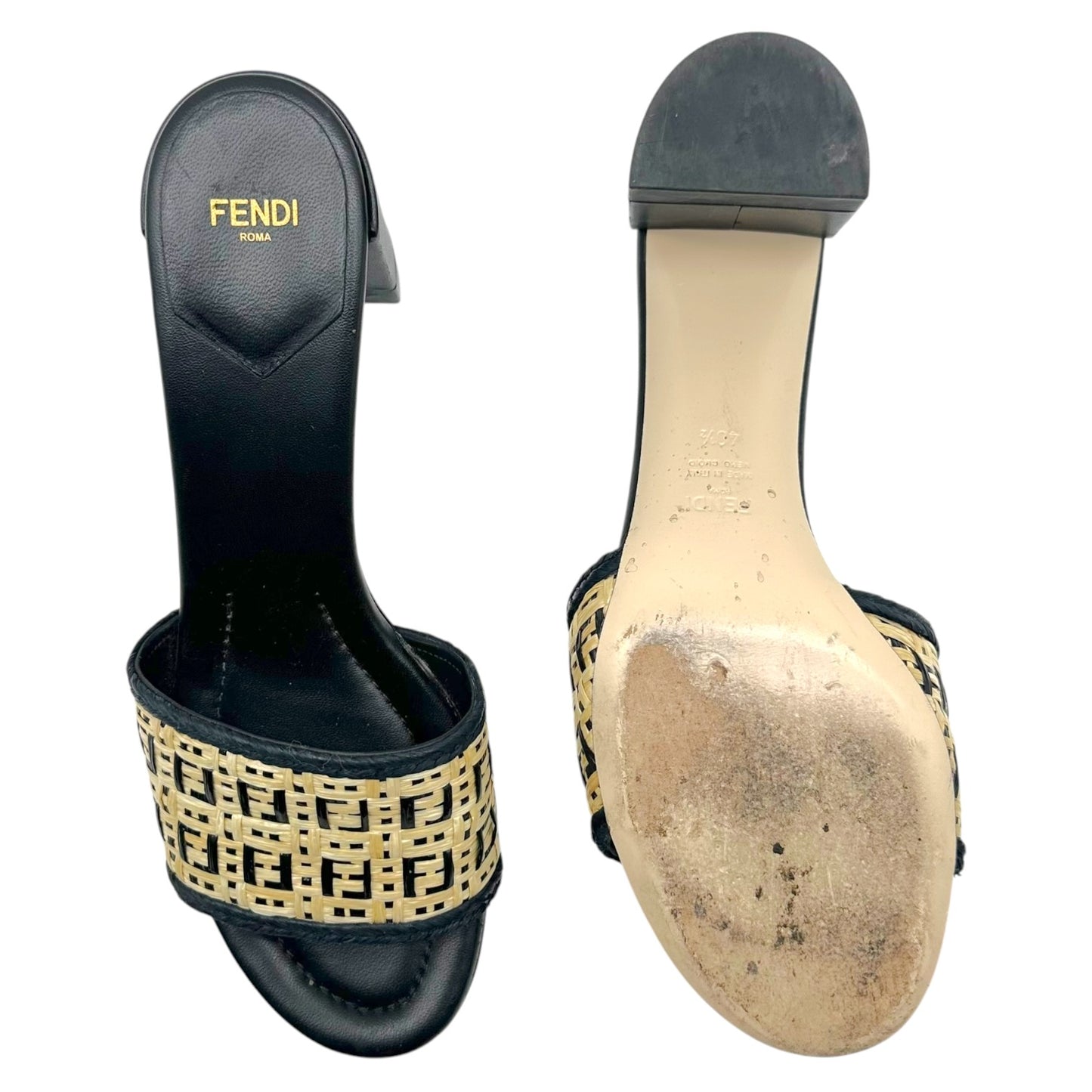 Fendi Raffia Monogram Block Heel Mule Sandals