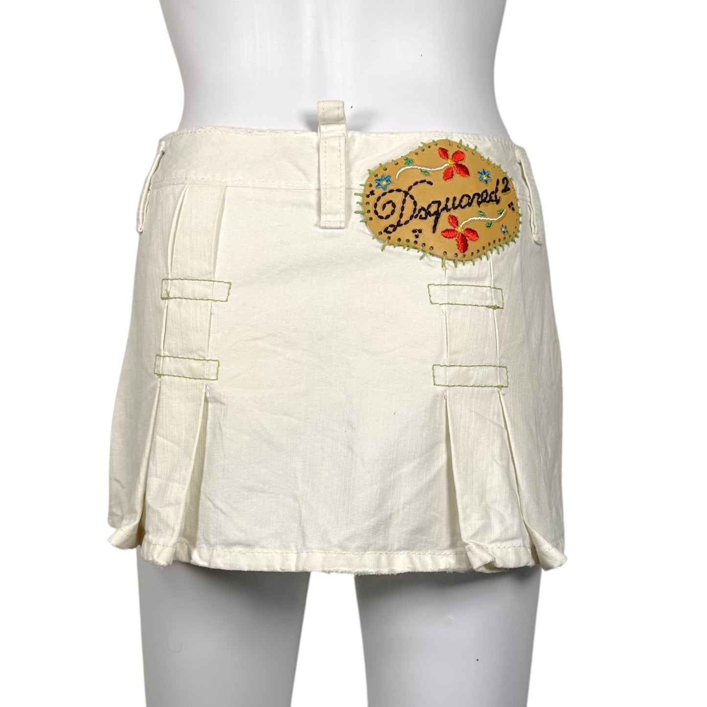 Dsquared2 White Denim Pleated Logo Patch Mini Skirt