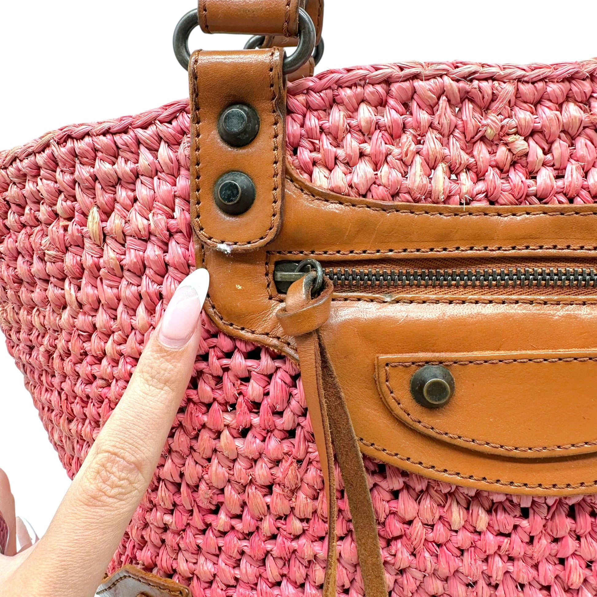 Balenciaga Small City Beach Bag Coral Pink Raffia Leather