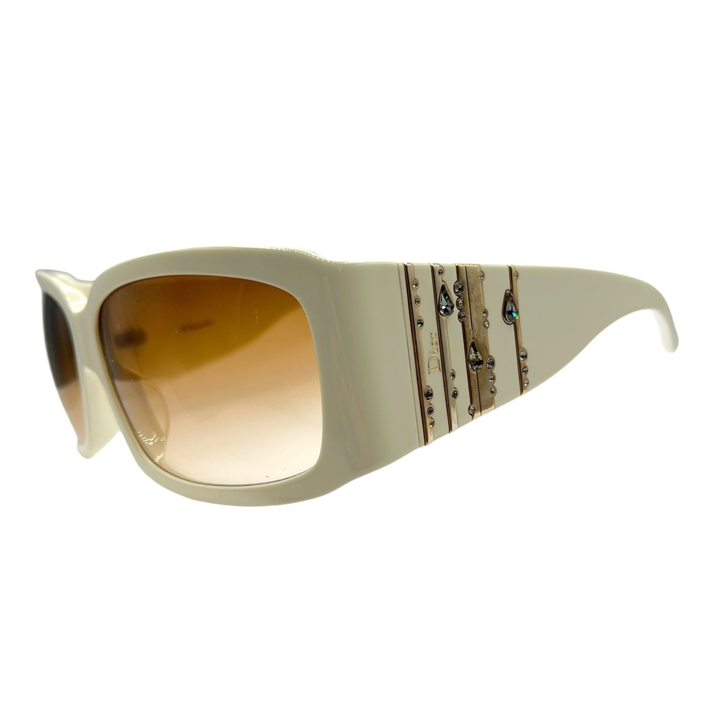 Christian Dior DiorRain1 Ivory & Gold Crystal Embellished Oversized Sunglasses w/ Case & Box