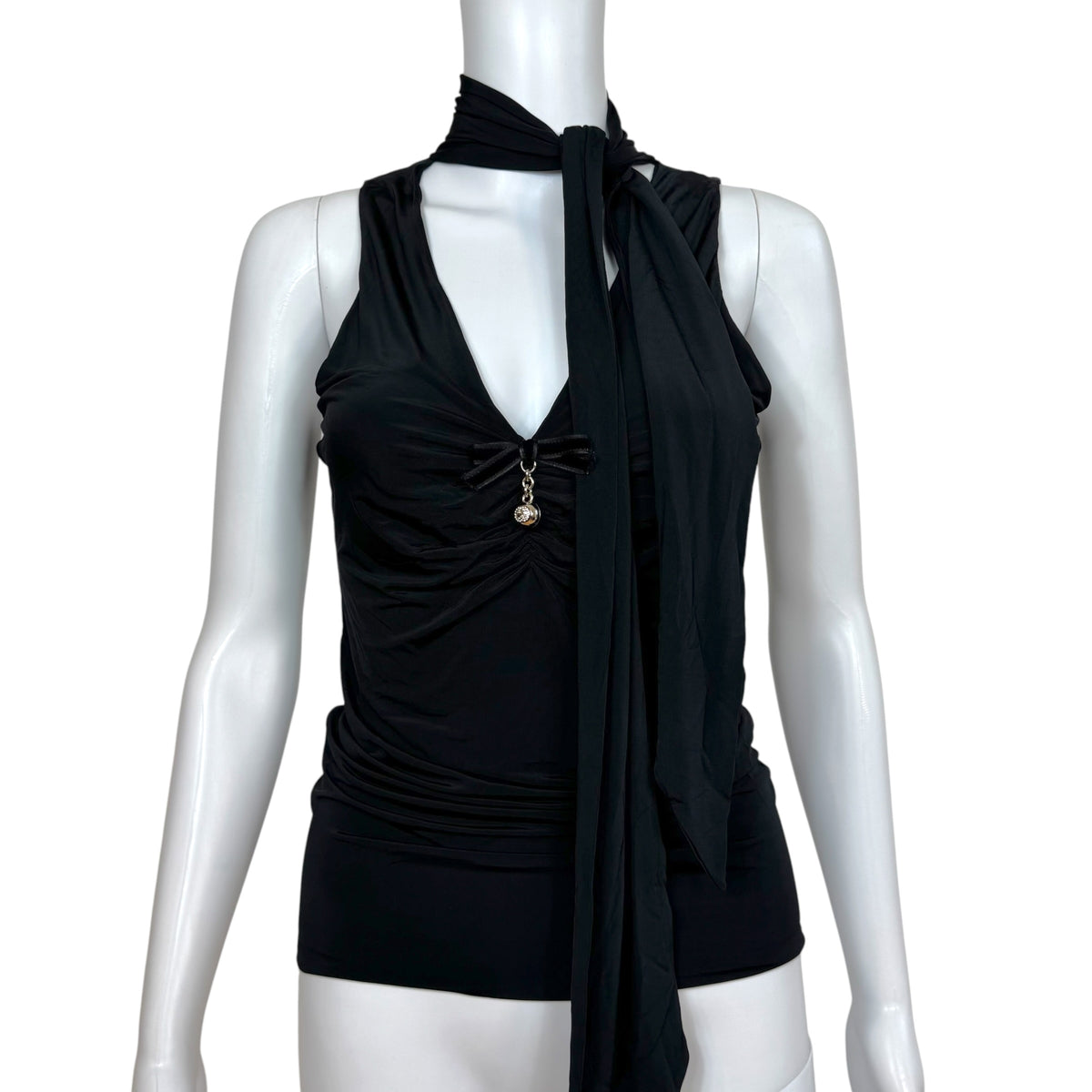 Gucci 2006 Black Tie Front Sleeveless Top w/ Gold Logo Charm