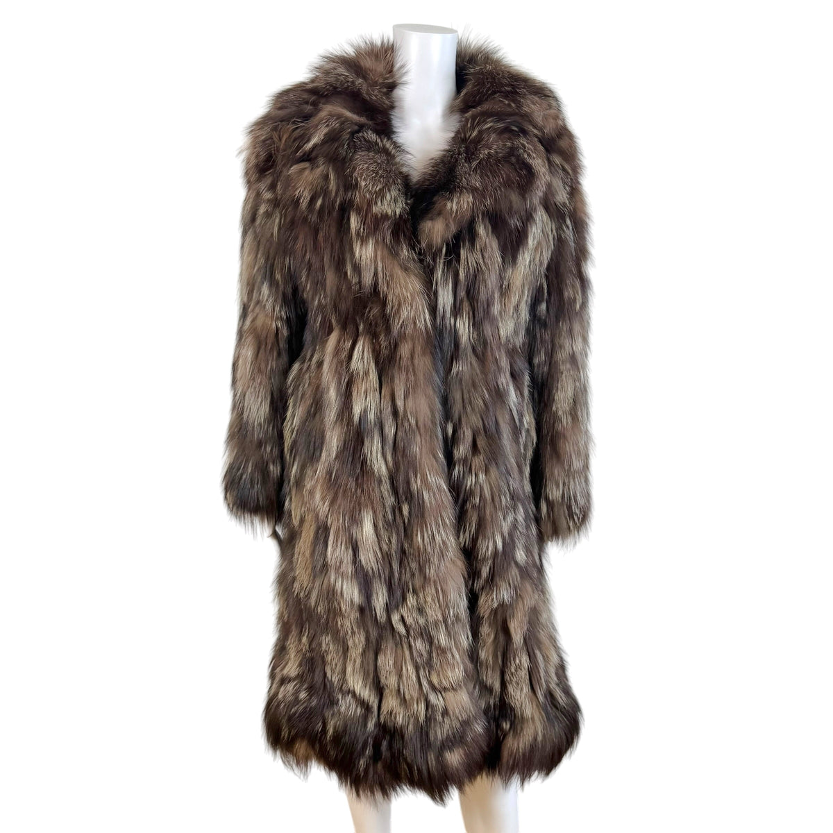 Brown Silver Fox Fur Mid-Length Coat 1990s Vintage XS
