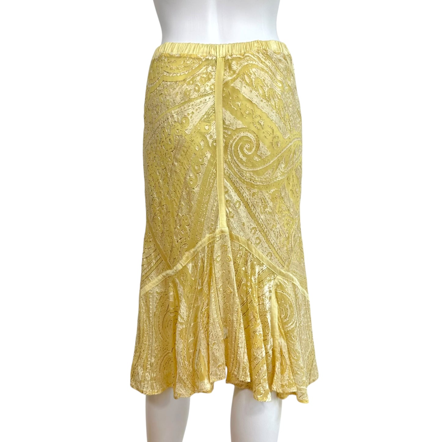 Roberto Cavalli S/S 2004 Yellow Paisley Silk Asymmetrical Hem Midi Skirt